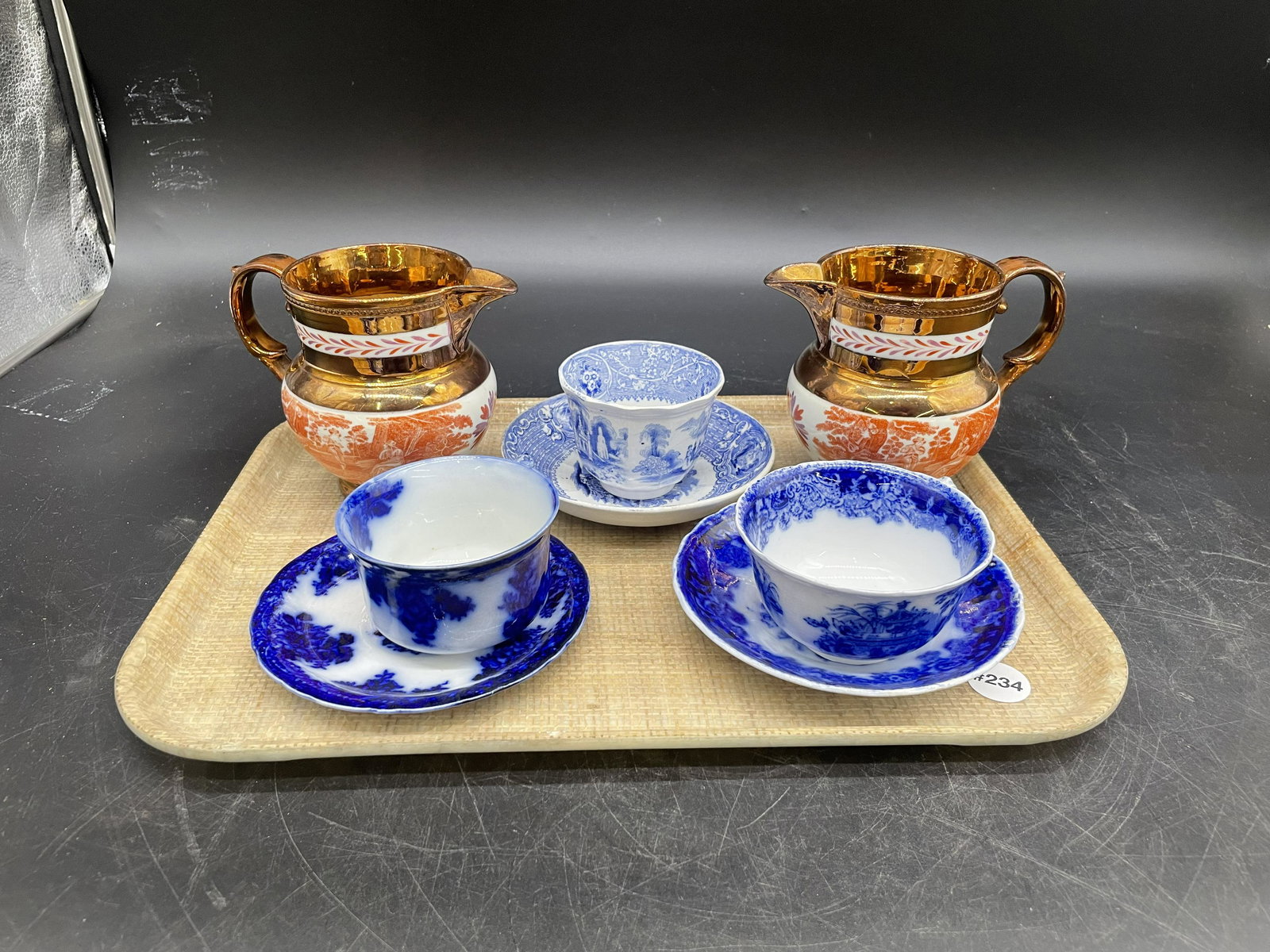 Grouping of Early China: inlcudes matching pair of lustre pitchers "H. Flow blue and transferware.