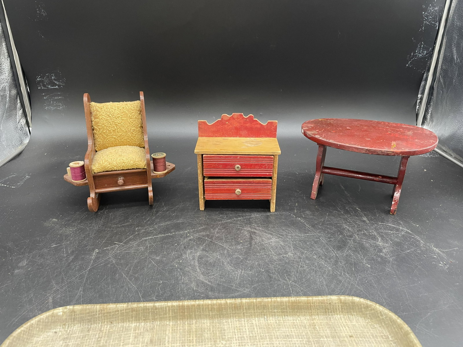 Three Pcs Salesman Sample Furniture: includes chest of drawers, table and sewing style chair. Largest 7"H.