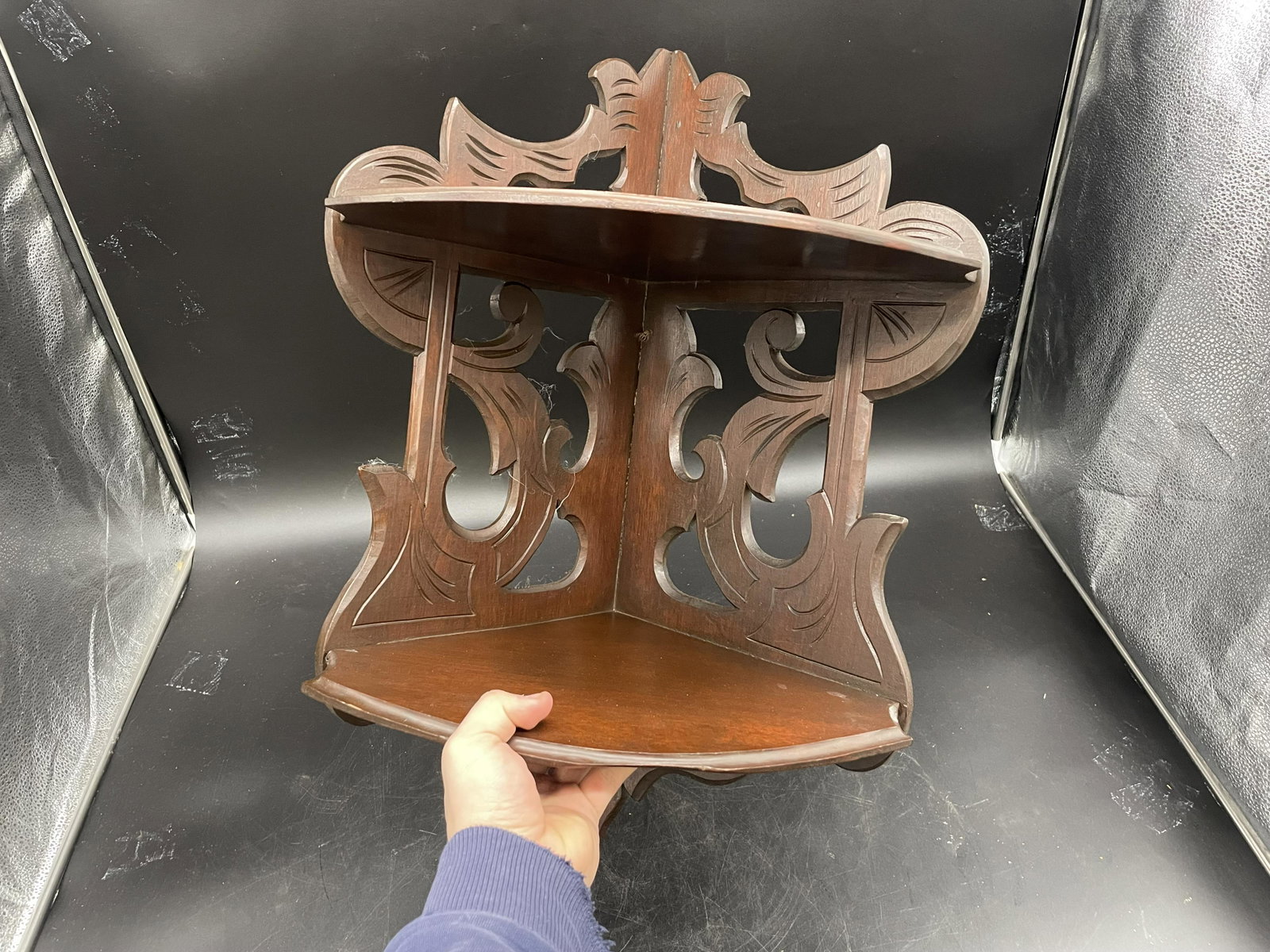 Victorian Carved Cornershelf: eastlake style, 26"x16"x12".