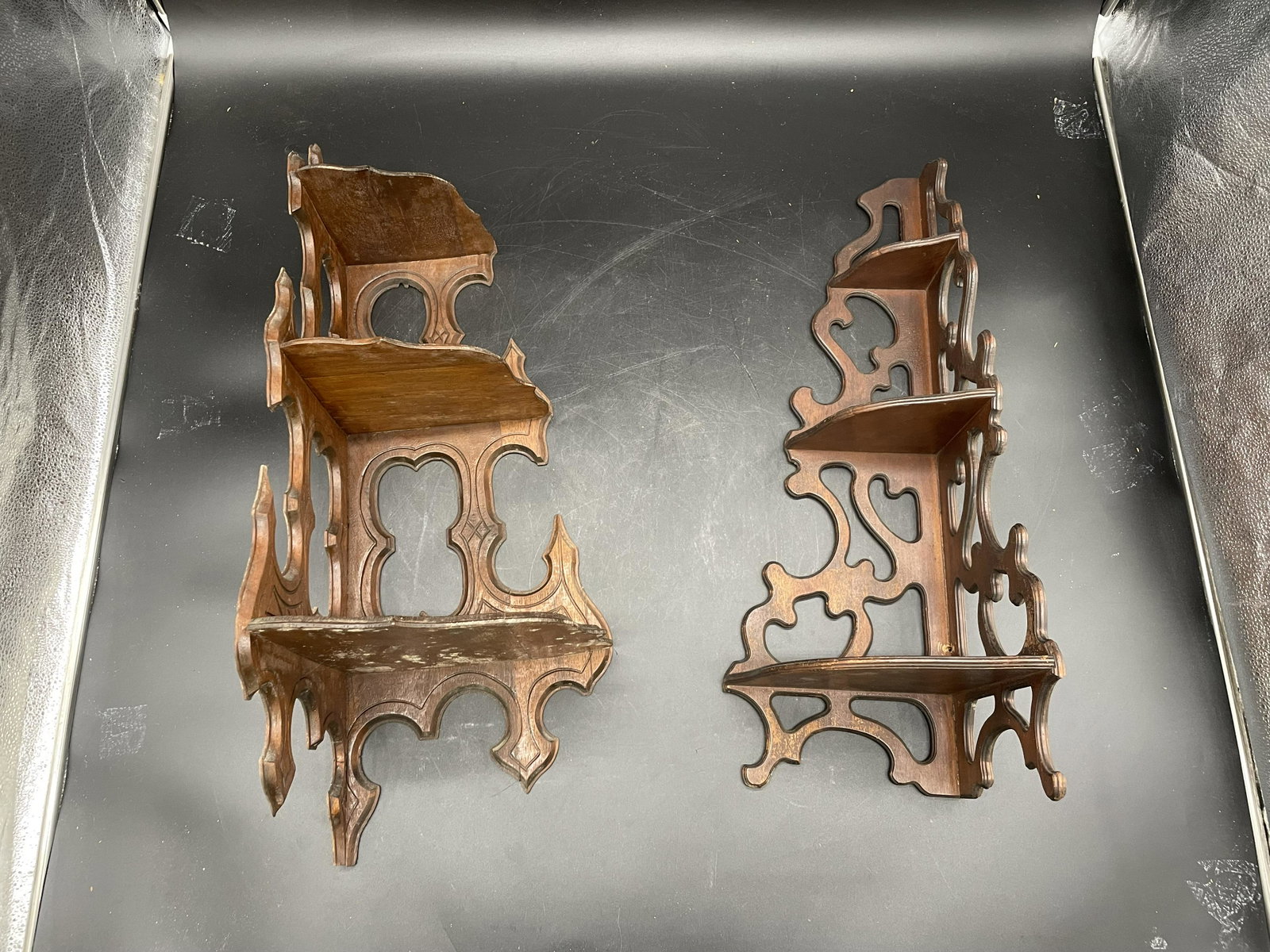 Two Victorian Carved Cornershelf: not a match pair, largest 26"x14".