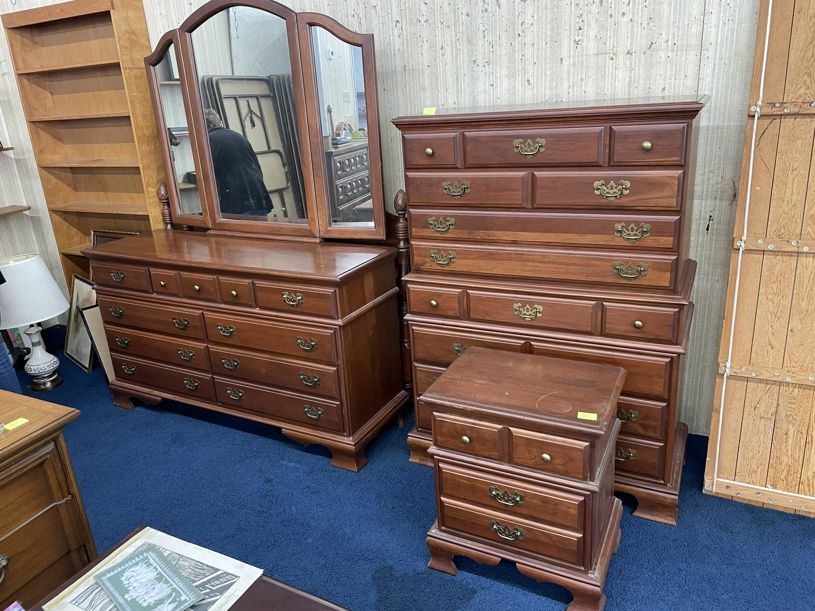 Four Piece Cherry Bedroom Suite: by Crawford Furniture Co. Includes hi chest 58"x41". Bed rails included.