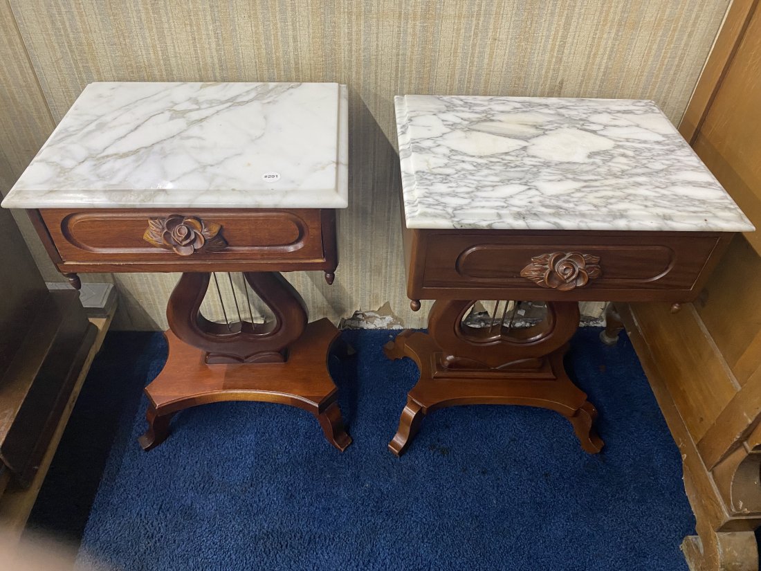 Two Marble Top Stands: Measure 28" x 18" x 14". , 1 signed in drawer