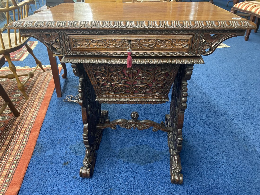 Highly Carved Antique Mahogany Sewing Stand: Ornately carved, has 2 drawers and measures 29"x29"x16"
