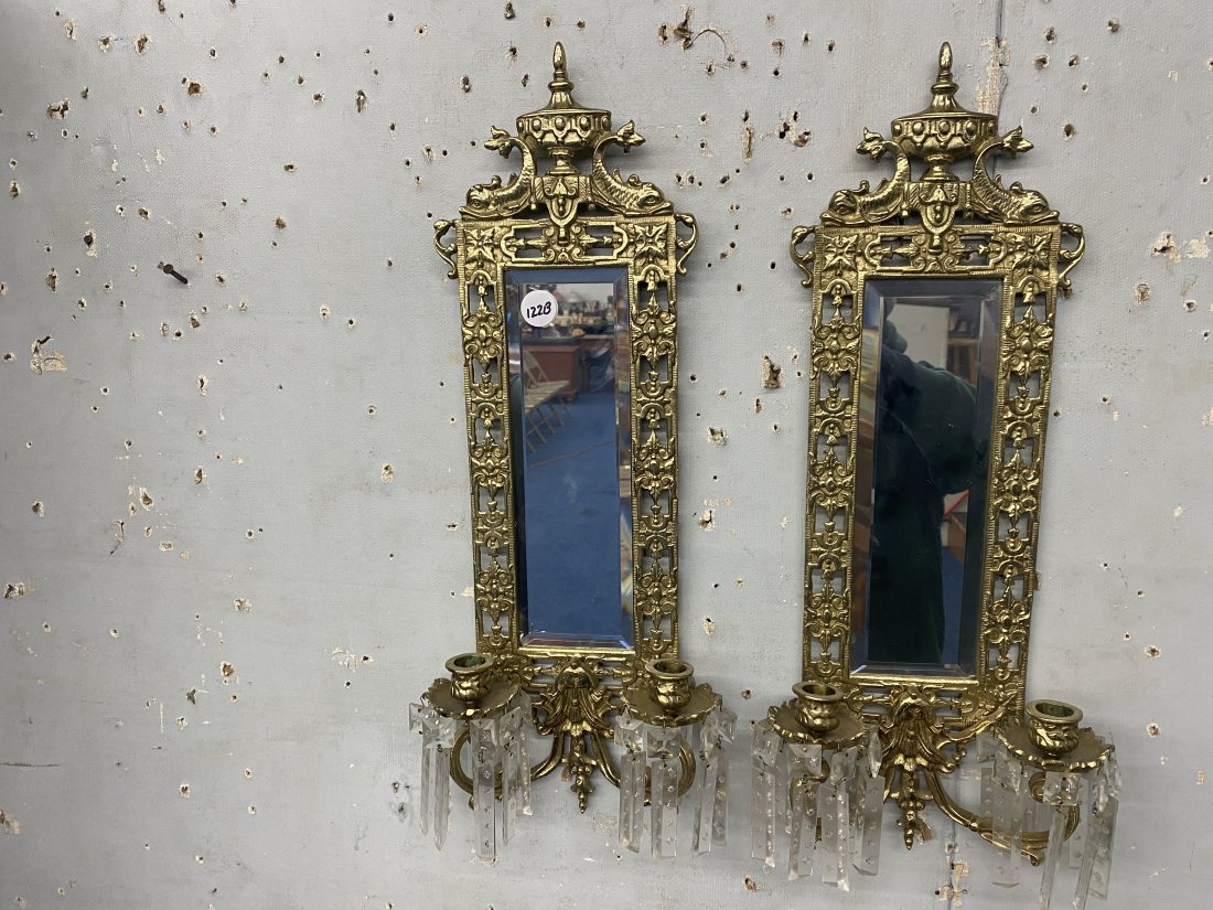 Pair of Brass Sconces with Mirrors and Prisms: Measures 22"x 8" and have double candleholders. Signed on back