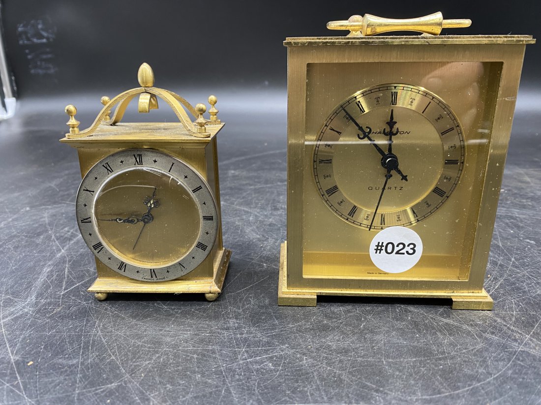 Two Carriage Clock-French: Smaller clock made in France and larger is Hamilton with quartz movement. Largest 6"H.