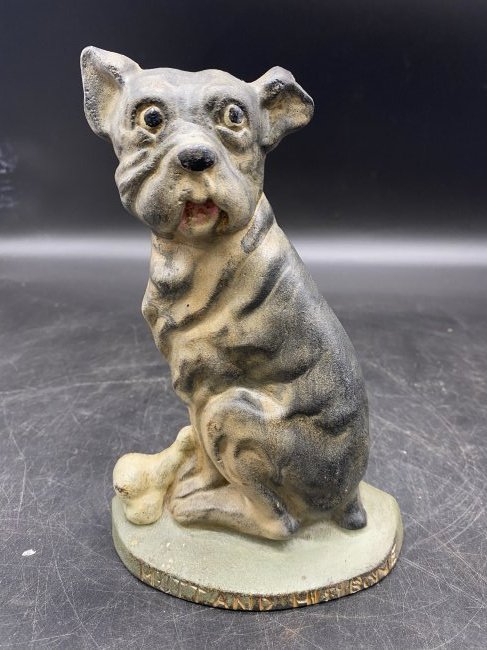 Cast Iron Dog Door Stop "Mutt and His Bone": 9"x5"