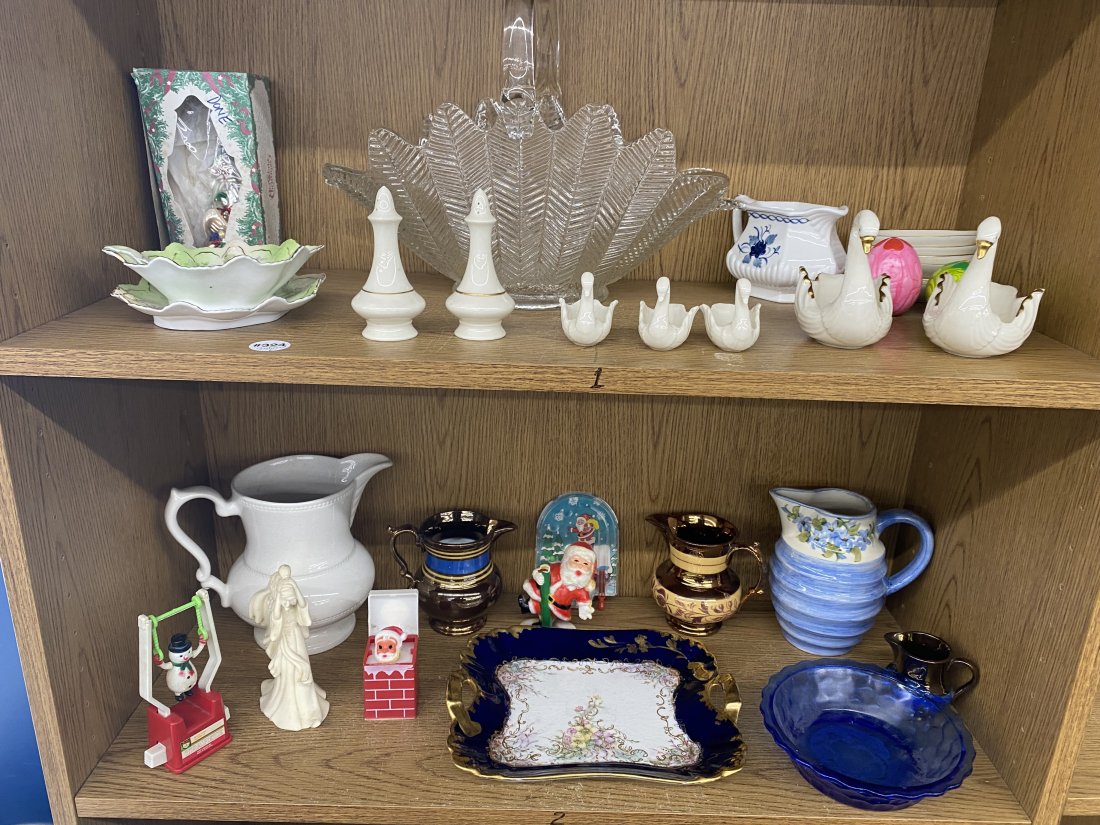Glass & Porcelain Lot: Ironstone pitcher is 7"H, glass basket is 12"x11", includes Lenox, copper lustre and more