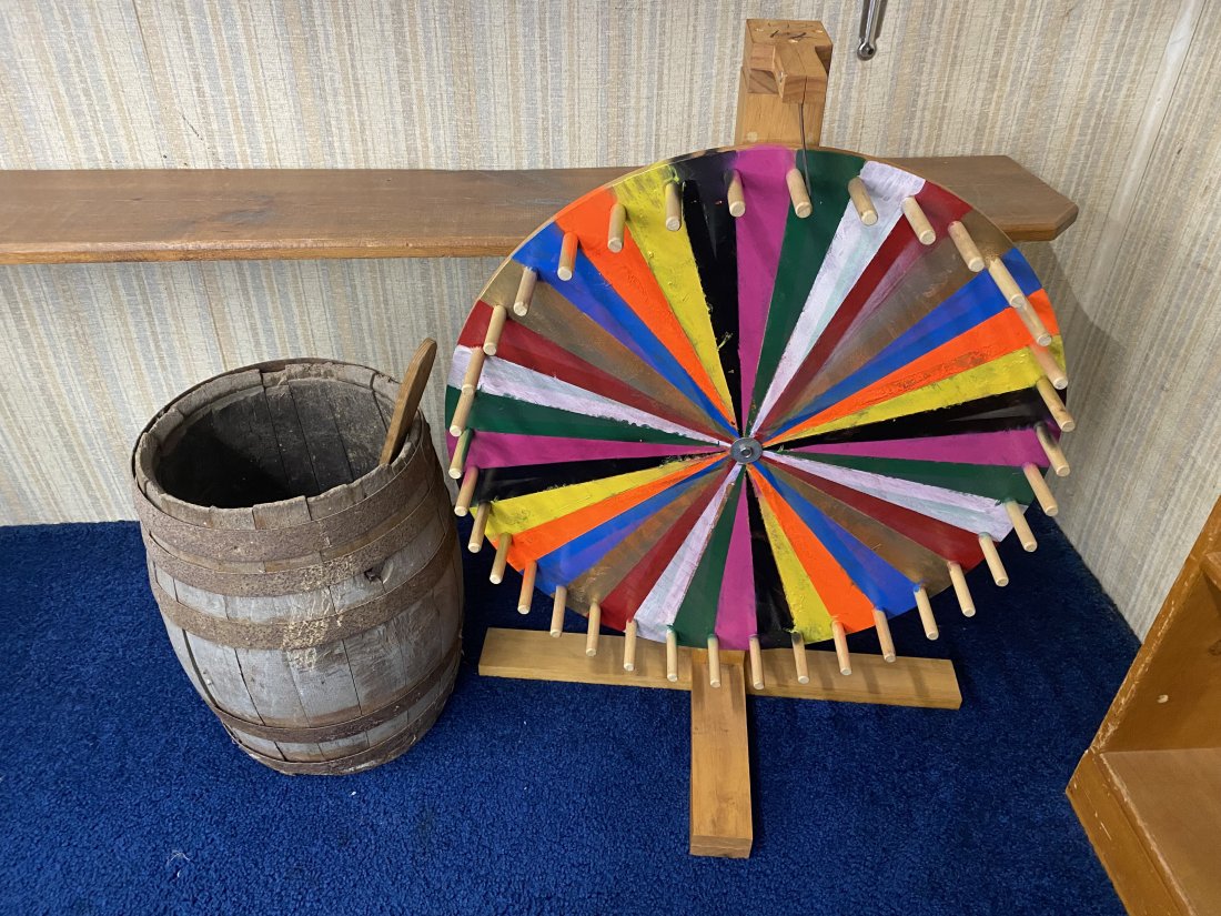 Country Lot: old blue barrel 16"x10", wooden paddle, vintage gaming wheel 30"x24"