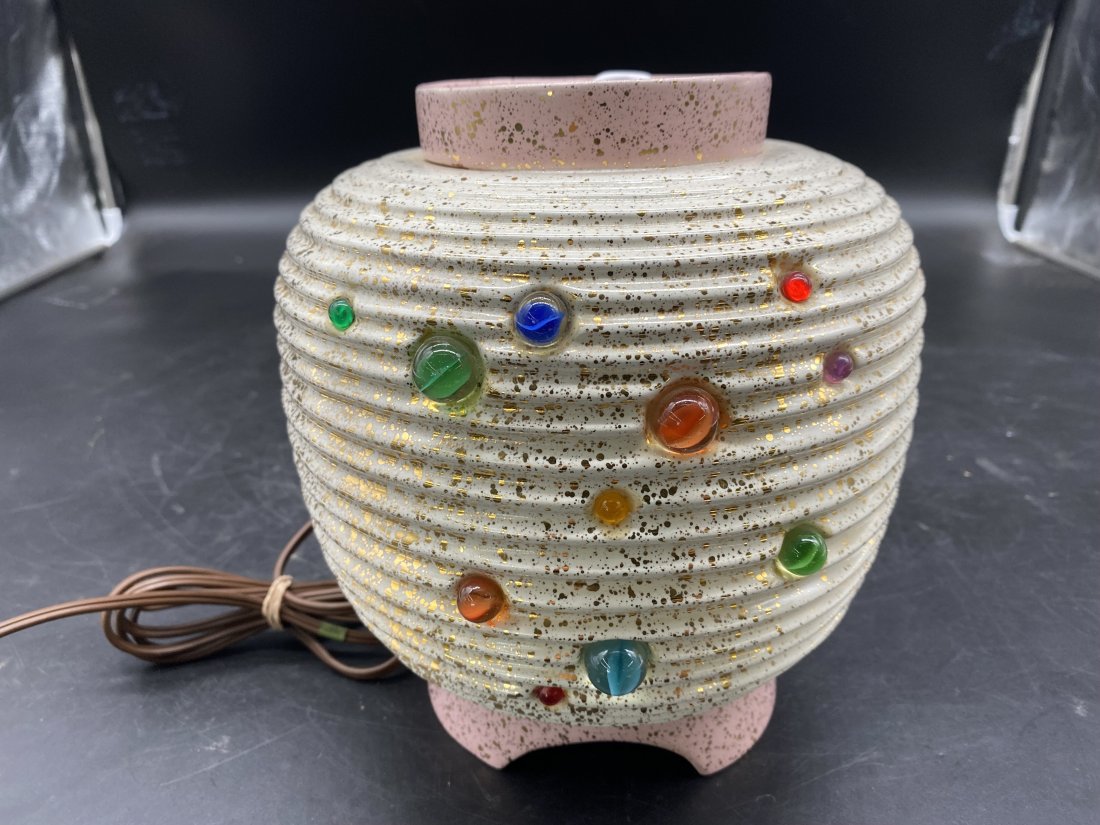 Art Deco Pottery Lamp: unsigned, deco designed with marbles glued into, seems to be the planets in the solar system. 9"H.