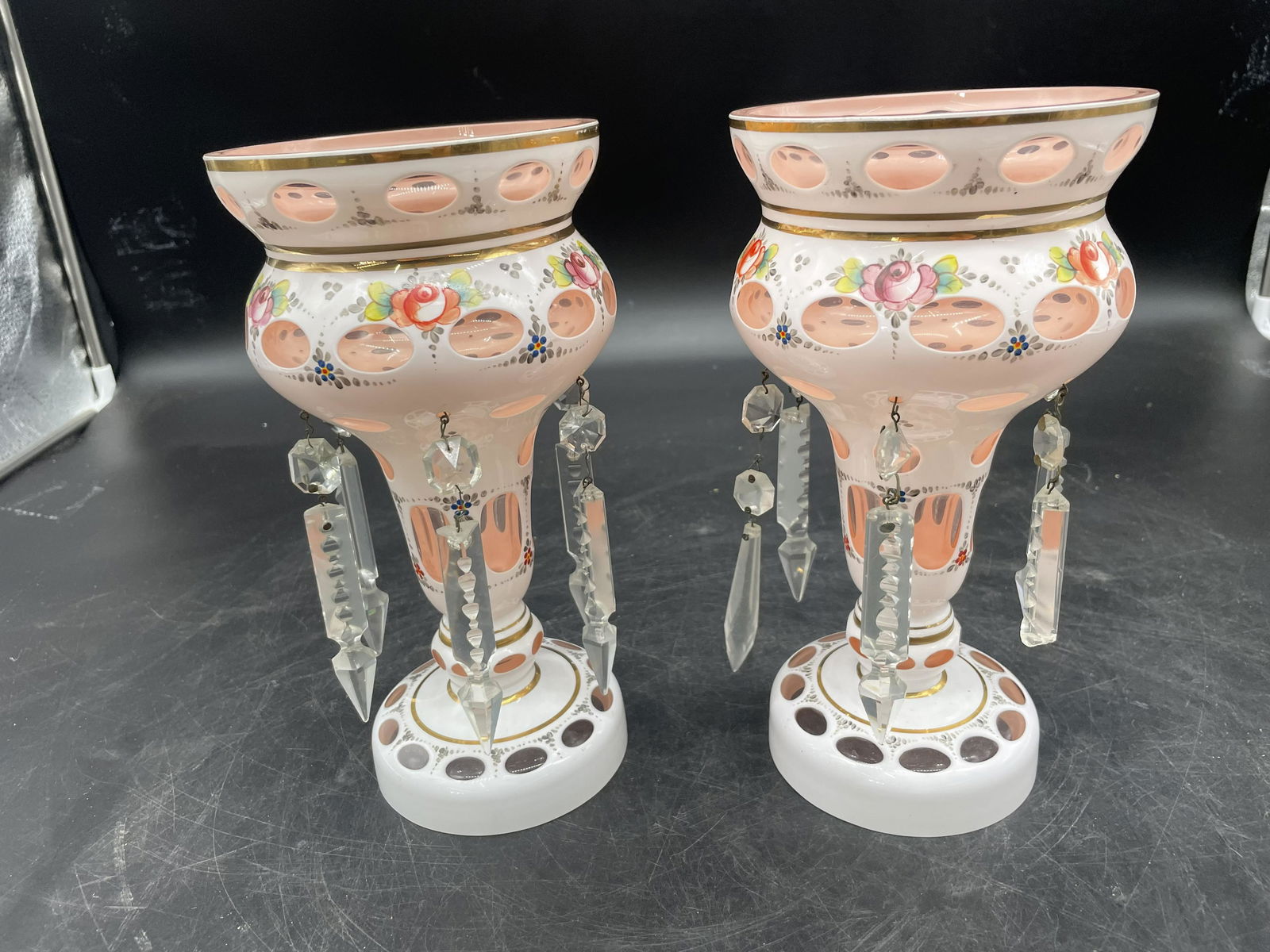 Pair of Bohemian Style Mantle Lusters: hand painted floral design, 9.5".