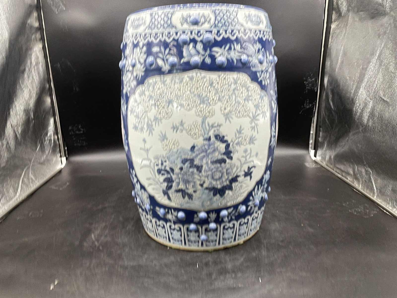 Oriental Garden Seat: marked on base, bonsai tree decoration. 19"x14".