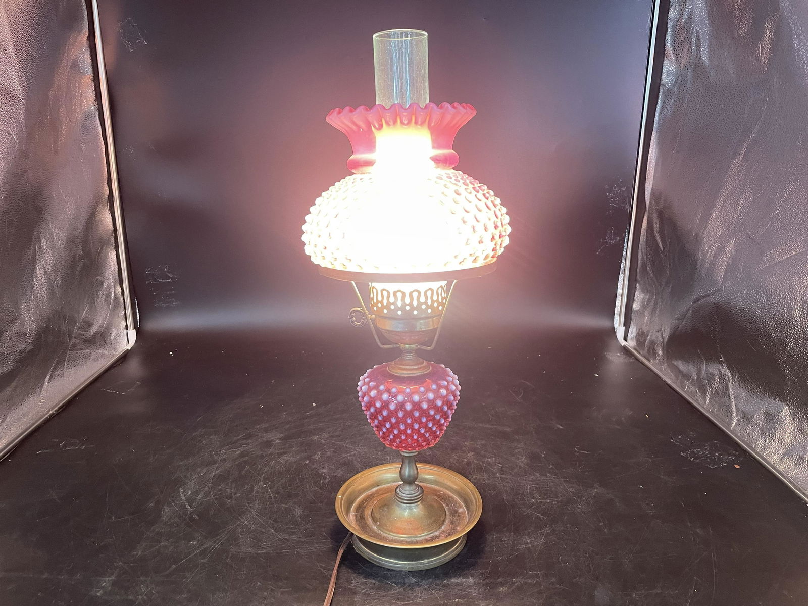 Fenton Hobnail Cranberry Lamp (1 of 2)