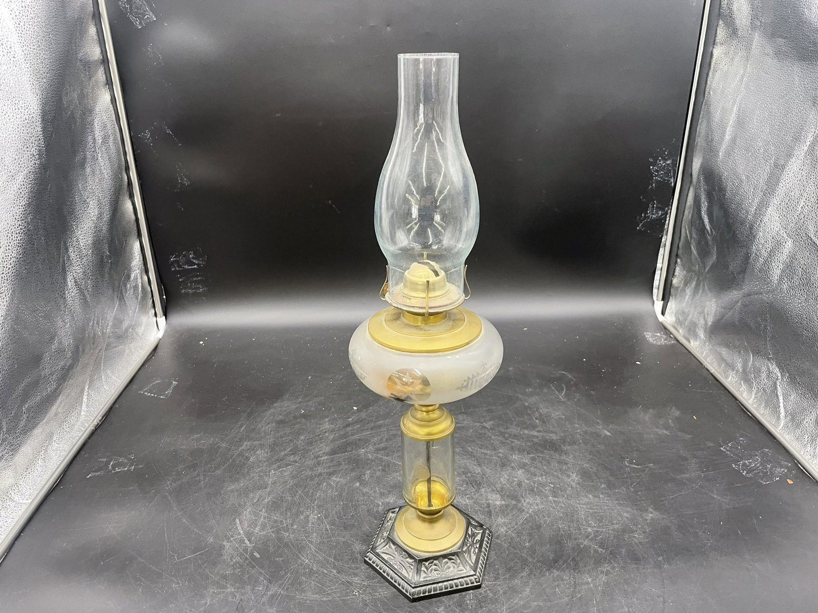 Antique Oil Lamp: Measures 22" H.