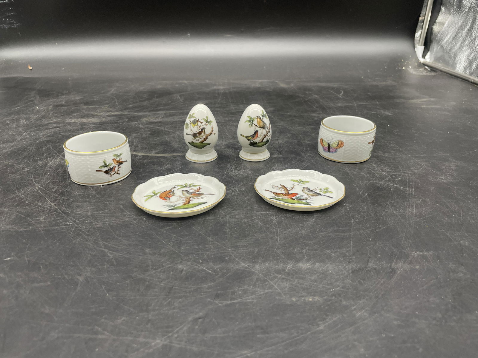Six Pcs Herend Rothschild: s&p shakers, napkin ring holder and and butter pats.