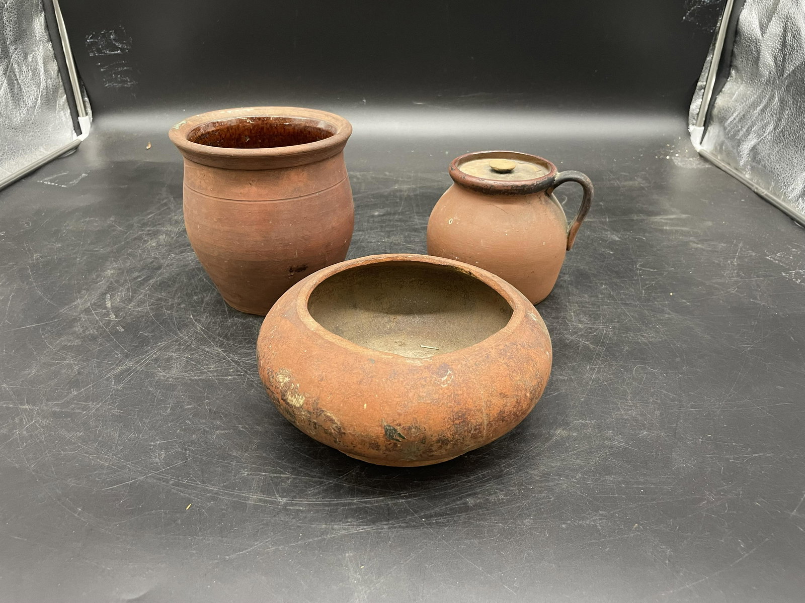 Three Pcs Redware: interior glazed redware crock 6"H.