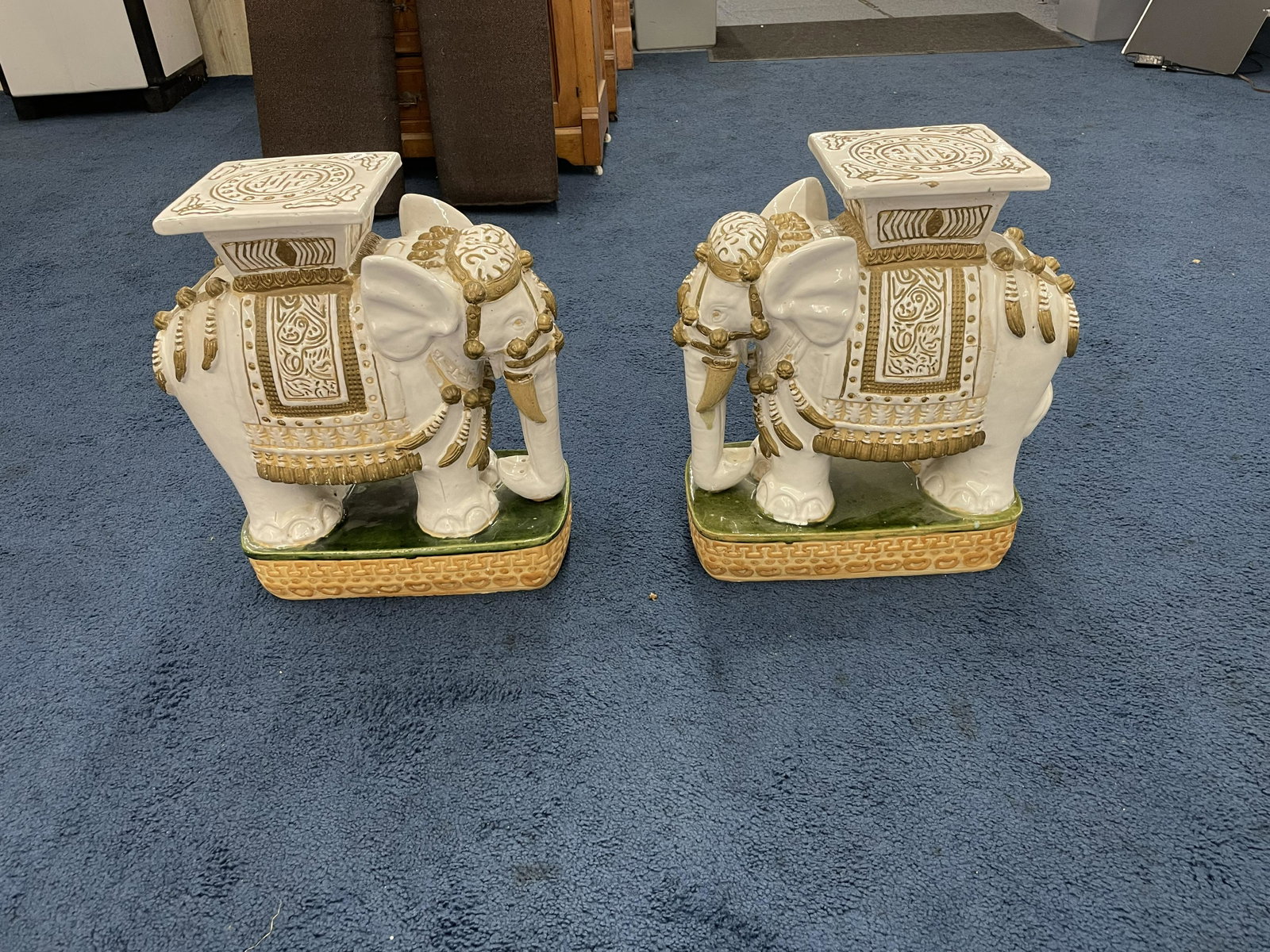 Pair of Elephant Form Garden Seats: pottery construction, 20"x19"x9".