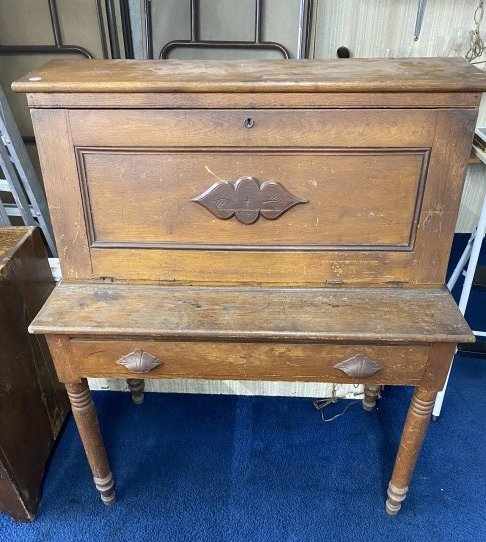 Chestnut Plantation Desk: Measures 49x42x21" - Original pulls and fitted interior