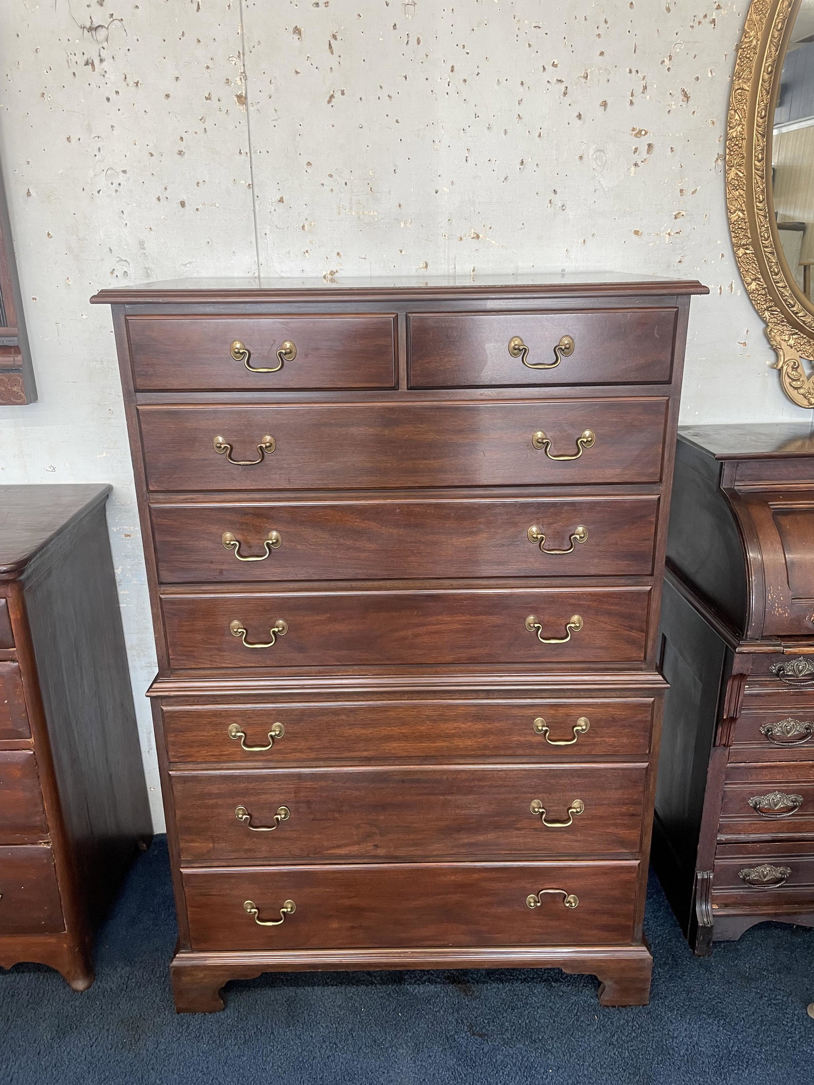 Henkel Harris Mahogany Hi Chest: Crafted by Virginia Galleries. Dovetail drawers. 55"x37"x22".