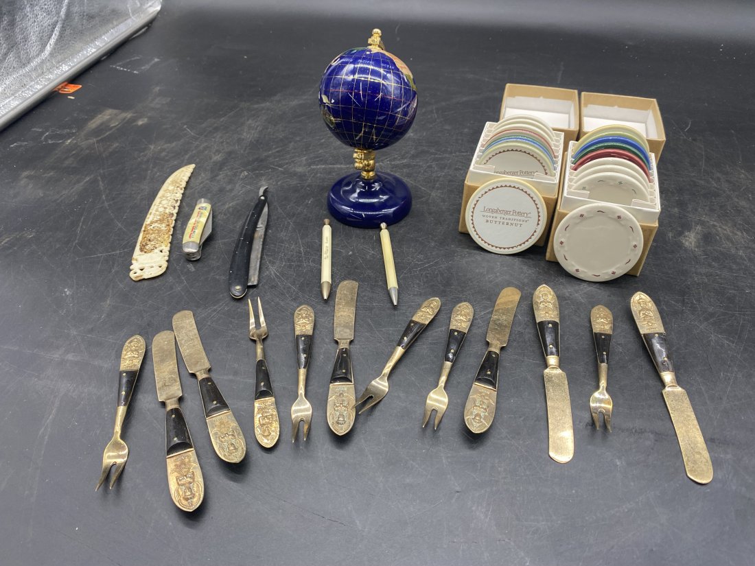 Eclectic Lot: includes mini globe, pocket knife, straight razor, bone letter opener, miniature Asian flatware and Longaberger pottery samples