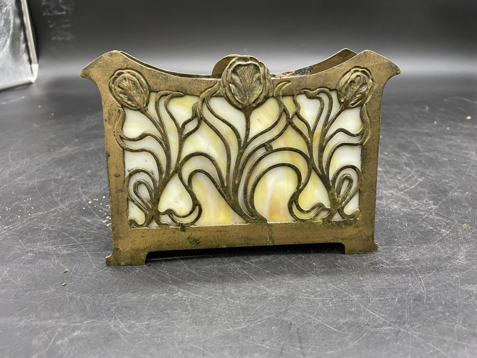 Art Nouveau Slag Glass Bronze Letter Holder: floral and vine design. Unmarked, 5"x4".