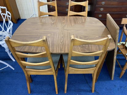 Mid Century Modern Dining Room Set: 4 chairs that measure 40"x20"x18" signed Liberty Chair Co., Table is 31"x50"x38" and has a 16" leaf