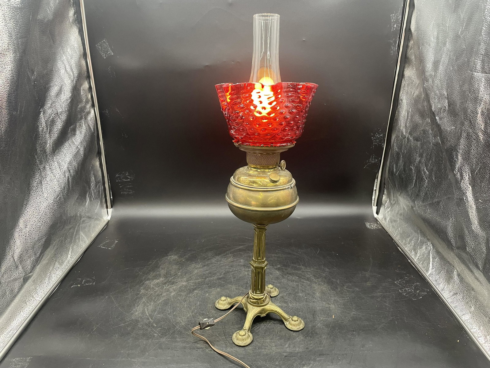 Brass Lamp w/ Cranberry Shade (1 of 4)