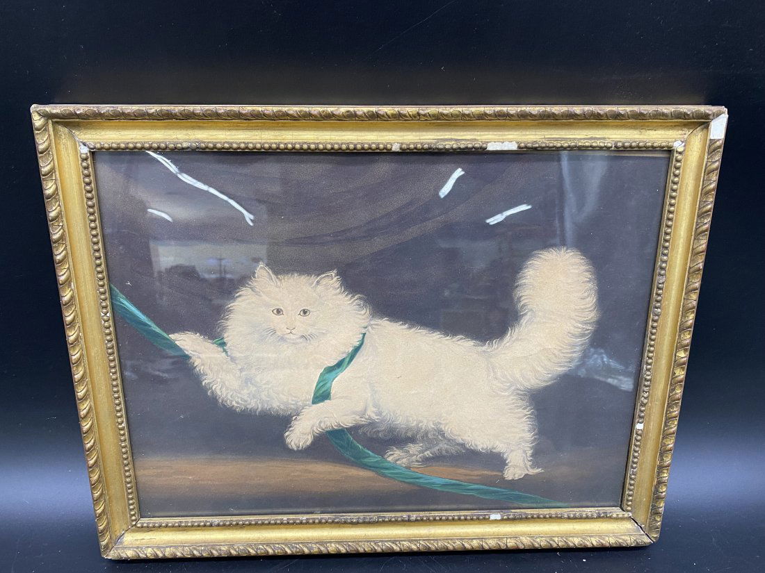 Antique Print of Persian Cat: frame is 16"x12", exposed is 14"x10", provenance on back, in original gilt wood frame