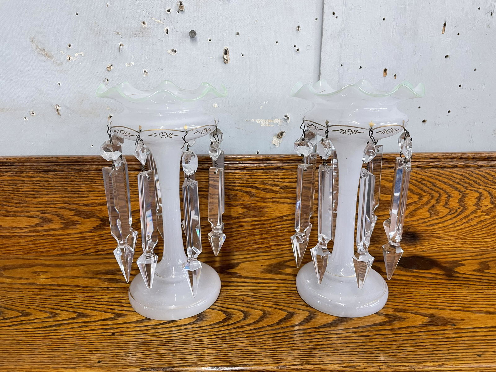 Pair of Hand Painted Mantle Lusters: all prisms present, hand painted decoration. 9.5"H.