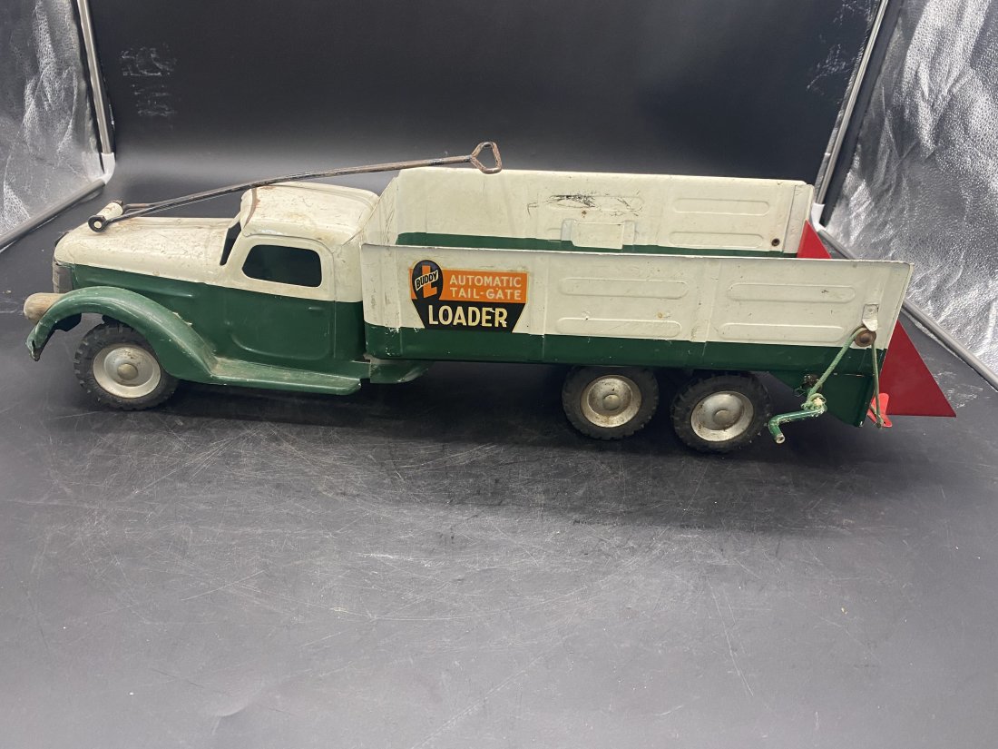 Buddy L Pressed Steel Farm Truck w/ Auto Tail Gate: 8"x27"x8", has original handle, seat and working tail gate