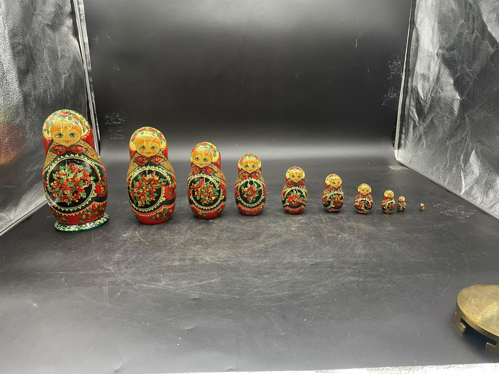 Signed and Dated Russian Nesting Dolls: hand painted set of 10, dated 1996, signed, largest 10"H.