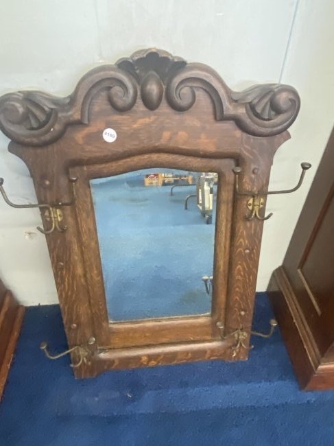 Carved Oak Mirror with Hooks (1 of 4)
