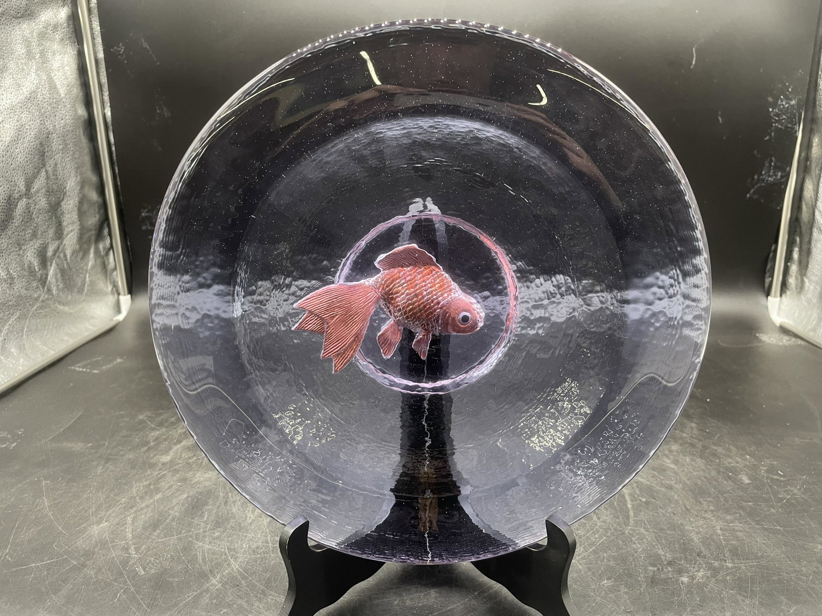 Art Glass Charger w/ Fish: large and heavy artglass charger w/ fish design in to bottom. 12"w.
