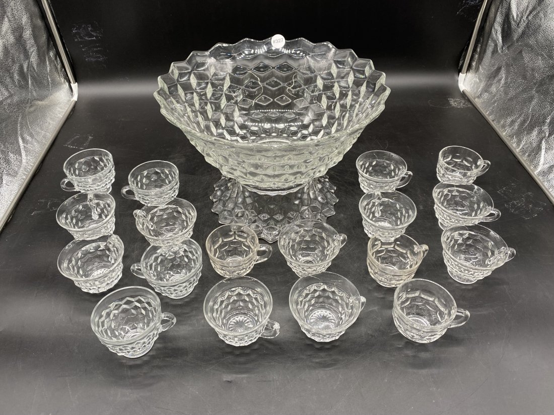 Fostoria Punch Bowl & Cups: Bowl measures 10" x 14". Includes stand & 18 cups.