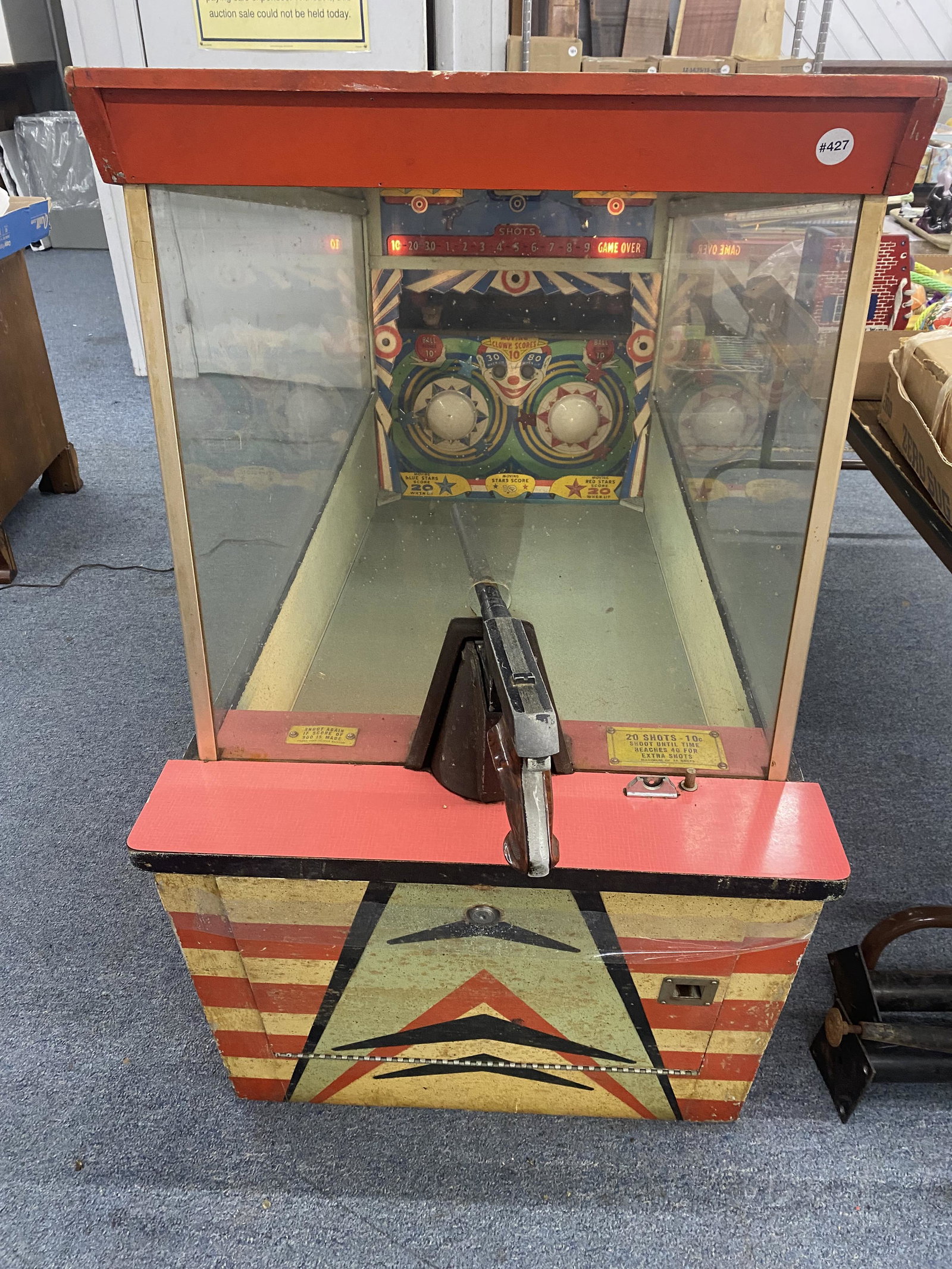 10 Cent Shooting Gallery: Measures 41" x 61" x 24". Sits on four 25" original steel legs.