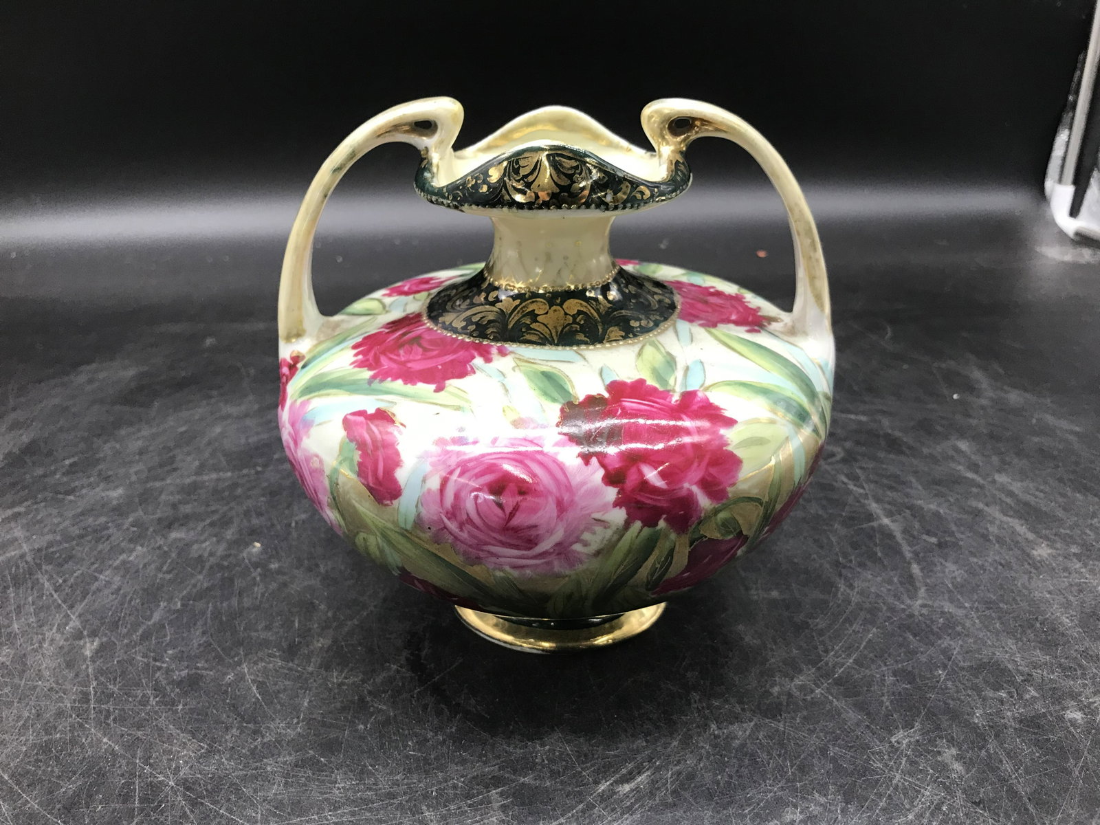 Nippon Gourd Vase: Gold & rose design. Marked on base. Measures 6" H.