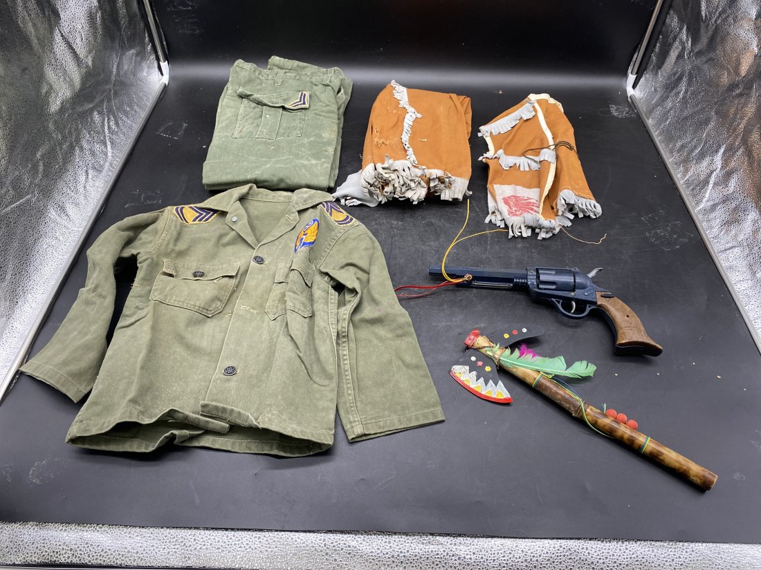 Vintage Childs Military Uniform & Native American Outfit: Lot includes military shirt & pants, Native American outfit. Also, a Red Rider Johnny Eagle toy pistol & tomahawk.