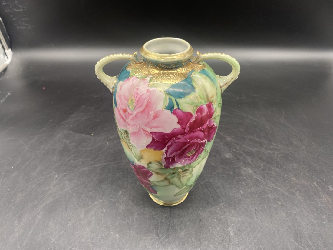 Nippon Gold Encrusted Vase: Has a gold encrusted decoration with roses. Measures 10" H.