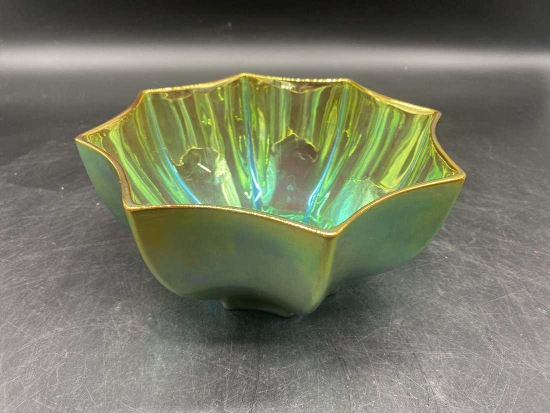 Zsolany Hungary Iridescent Bowl: Marked on base Jubileum. Measures 8" W.