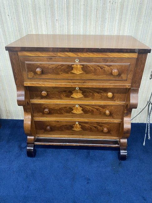 Antique Empire Chest: 47"x43"x23", has original wood pulls, inlayed escutcheons