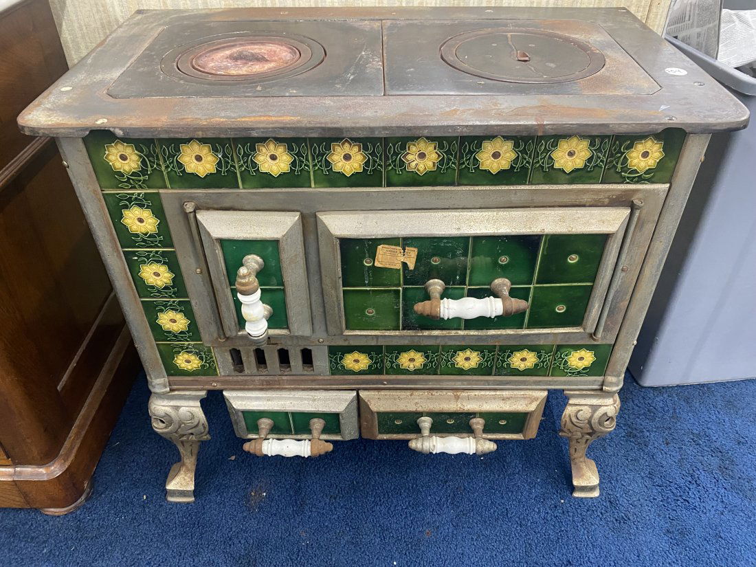 Antique Cast Iron and Tile Stove: 29"x32"x18", has Belgium tiles, original handles