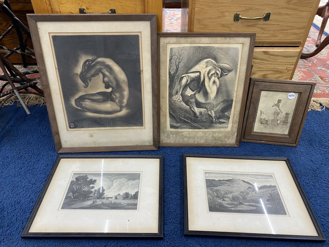Art Lot Including Reynold Weidnaar: Two engravings by Thomas Mason. Vintage nude photo. Signed pencil sketch SLR ill. Stamped in lower left, also marked nude: Reynold Weidenaar. Another SLR "Gropper". Largest frame measure 15" x 19".
