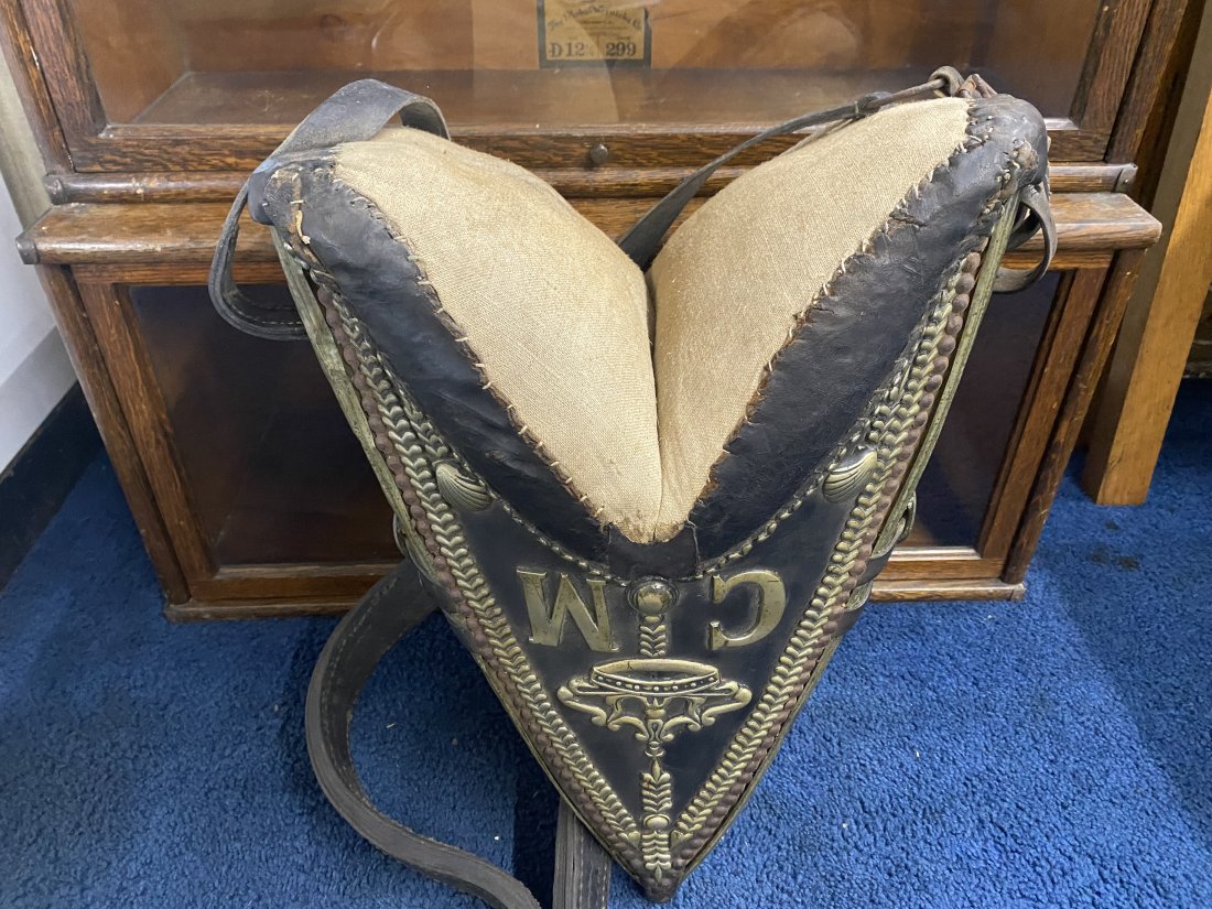 English Parade Saddle: 23"x16"x10", signed and dated 1958, has original leather straps