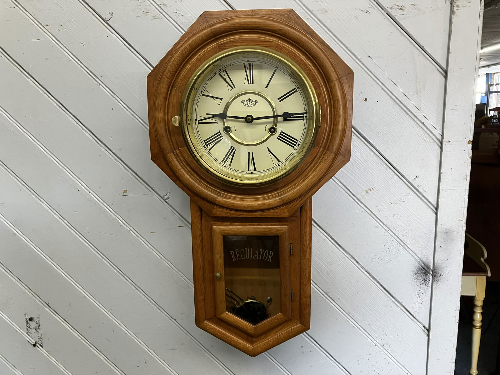 Regulator Wall Clock: 23"x13", key/pendulum.