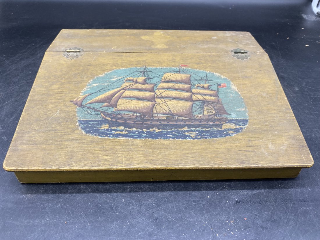 Antique Lap Desk: 3"x13"x11", has original yellow paint with hand painted tall ship