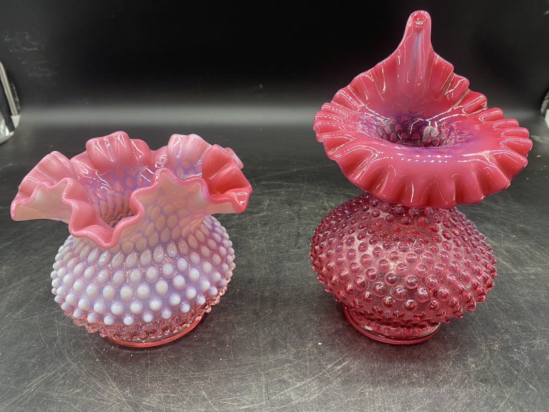Two Fenton Hobnail Vases: both in cranberry largest is 9"x5" other is 5'x4"