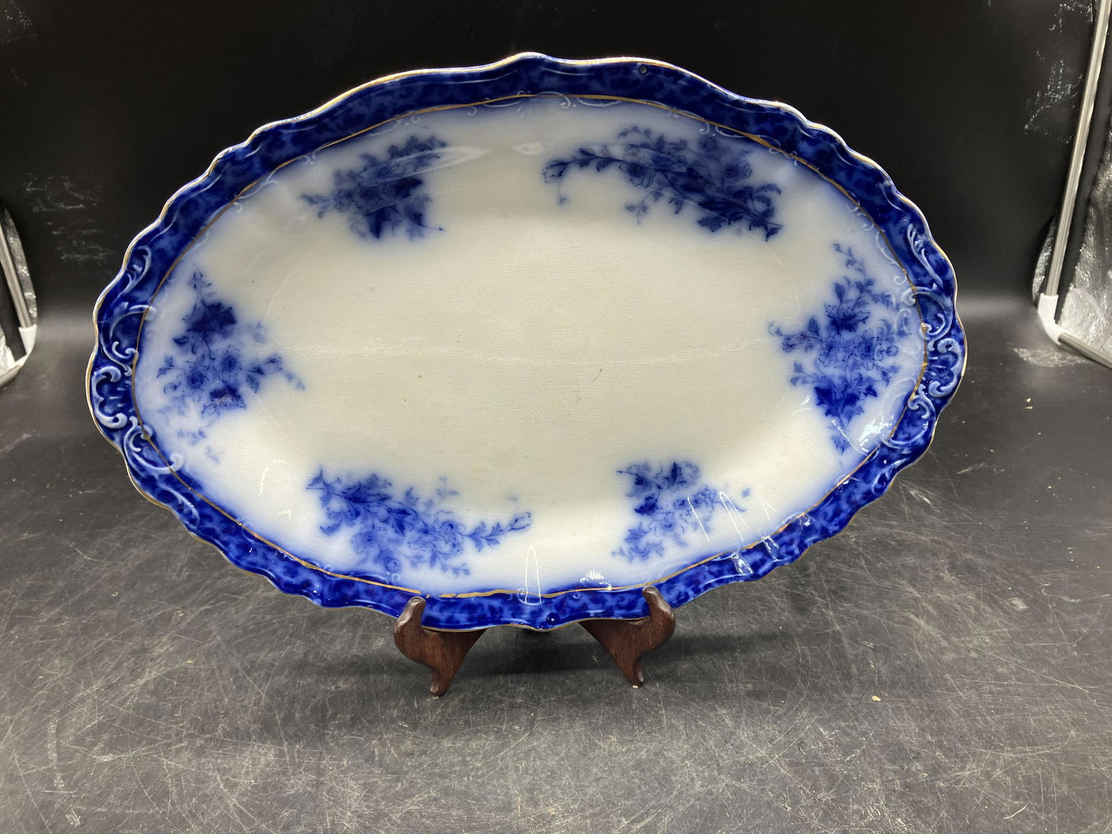 Flow Blue Touraine Platter: Measures 15" W. marked on back.