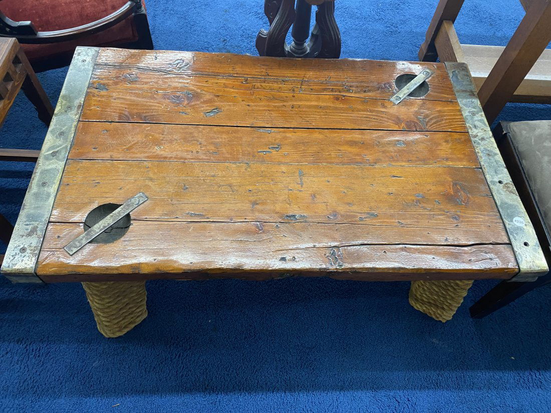 Nautical Style Coffee Table: Measures 20" x 45" x 28", made from old, heavy ship's door