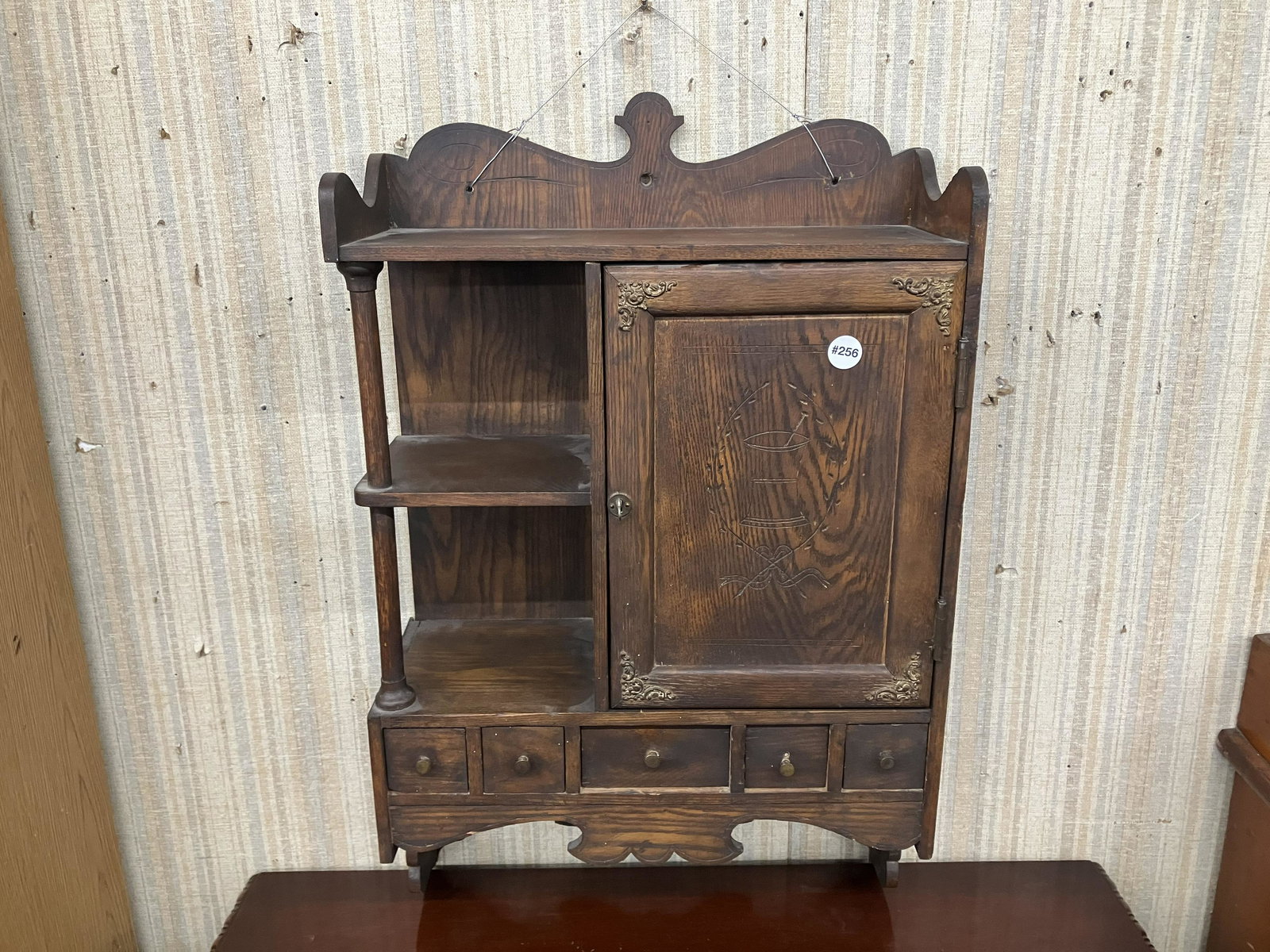 Antique Oak Hanging Apothecary  Cabinet with Pharmacist Design (1 of 5)