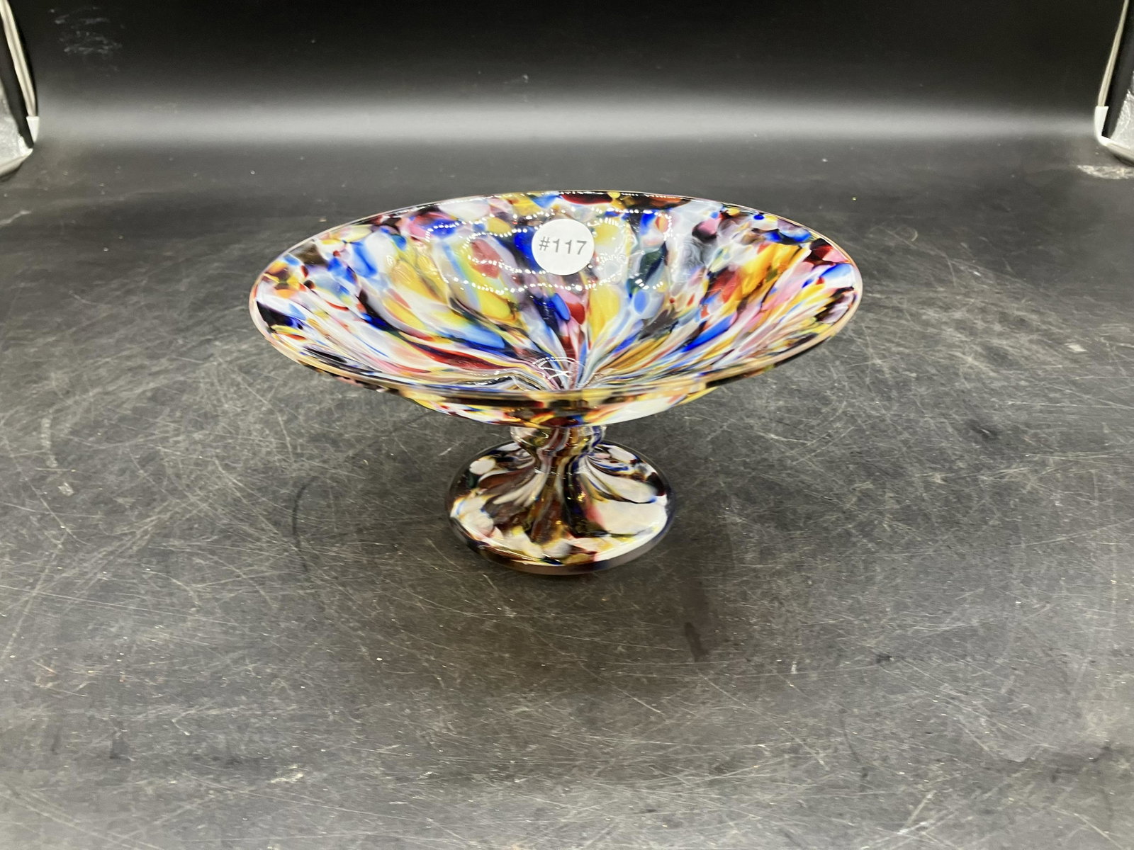 Czech End Of Day Art Glass Compote: Measures 8" x 4"