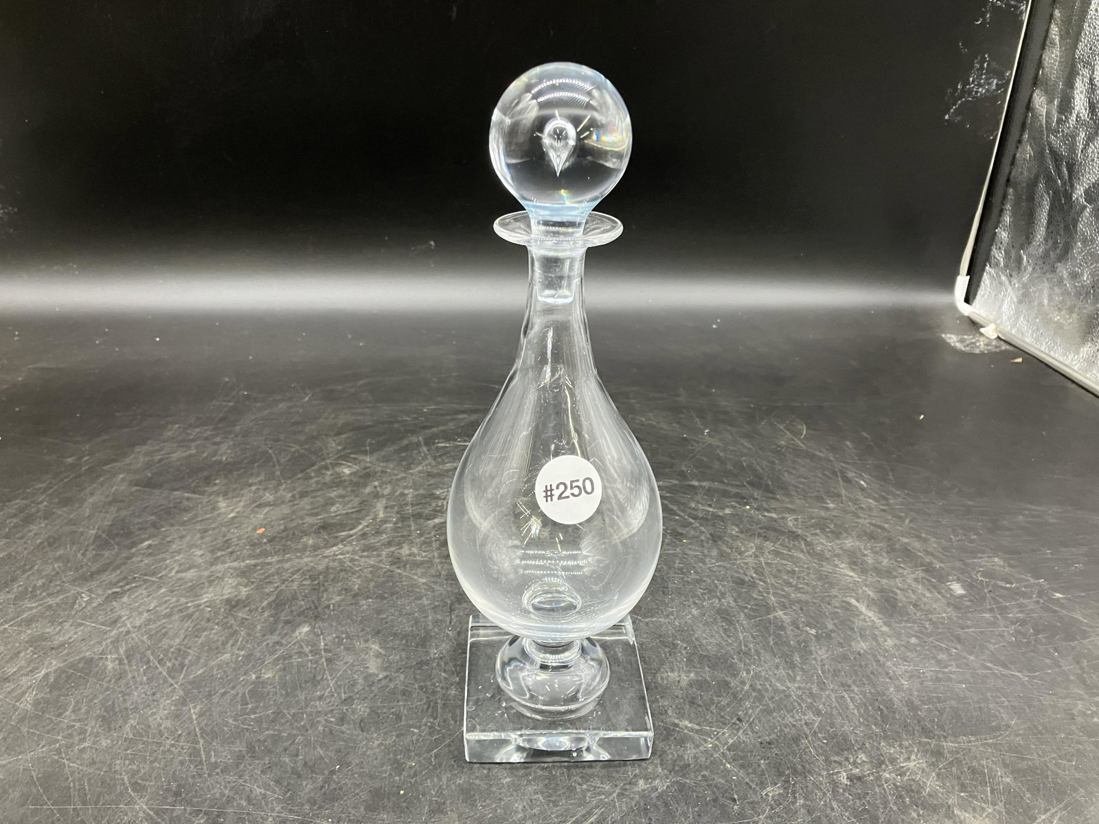Steuben Style Decanter: Steuben design in quality. Unsigned. Measures 11" H.